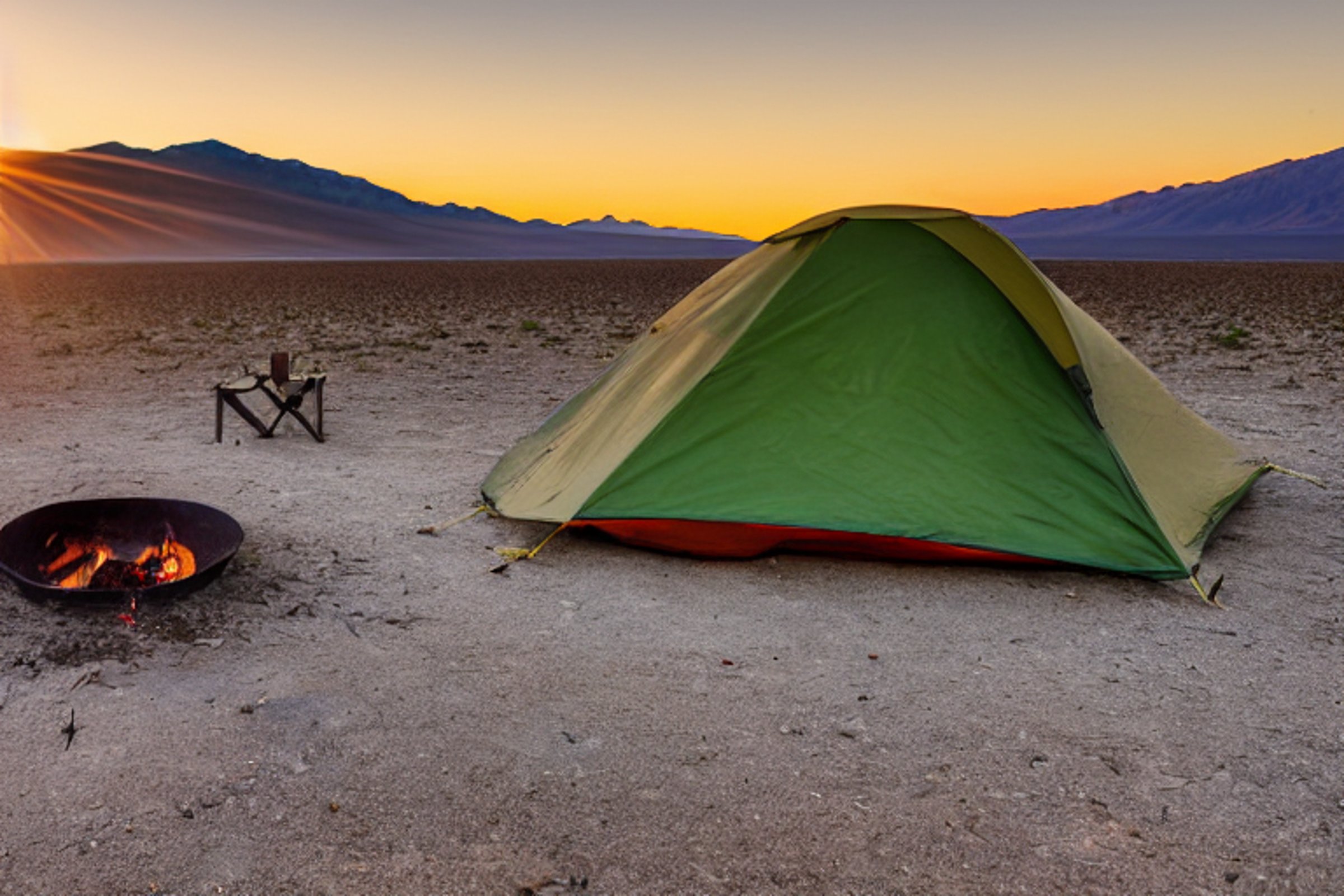 A green tent sits on a dirt clearing in Death Valley, surrounded by quiet desert land. A warm campfire glows beside the tent as rain falls under the golden sky, with a pale moon shining above.