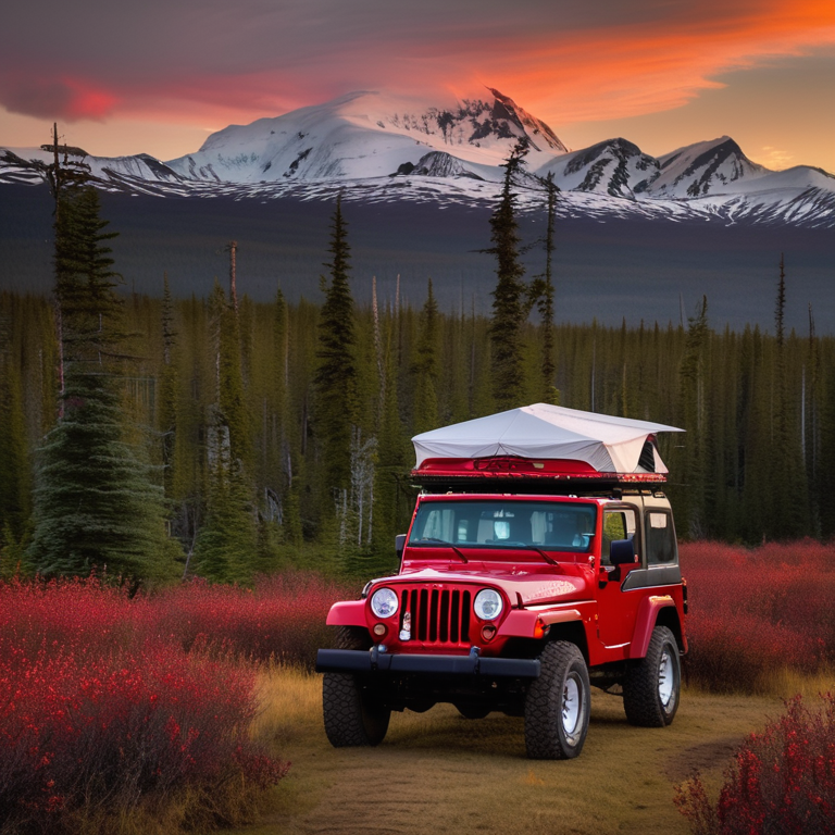 A red and white Jeep with a rooftop tent rests on a quiet dirt campsite in the Alaskan wilderness. Berry bushes, fallen leaves, and light snow surround the clearing as golden light shines through the sky.