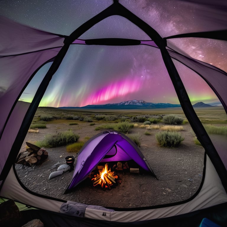 A purple tent rests on the quiet Idaho plains beneath glowing northern lights. Nearby, a warm campfire crackles beside stone-ringed logs, with a camping chair, picnic table, and boulders under the cloudy night sky.