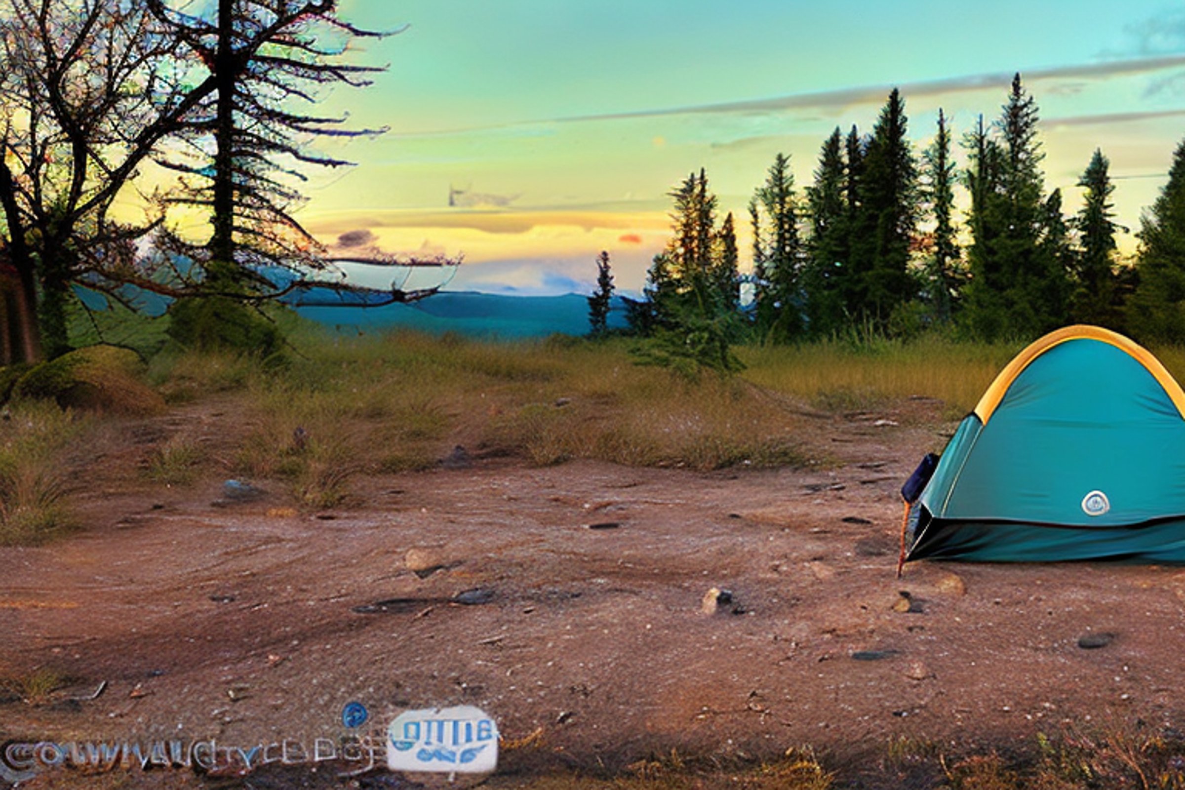 A teal tent rests beside a warm campfire near a peaceful hot spring. A dirt path winds through colorful fall trees, while a backpack sits nearby. The cloudy sunset sky glows softly with the moon in the distance.