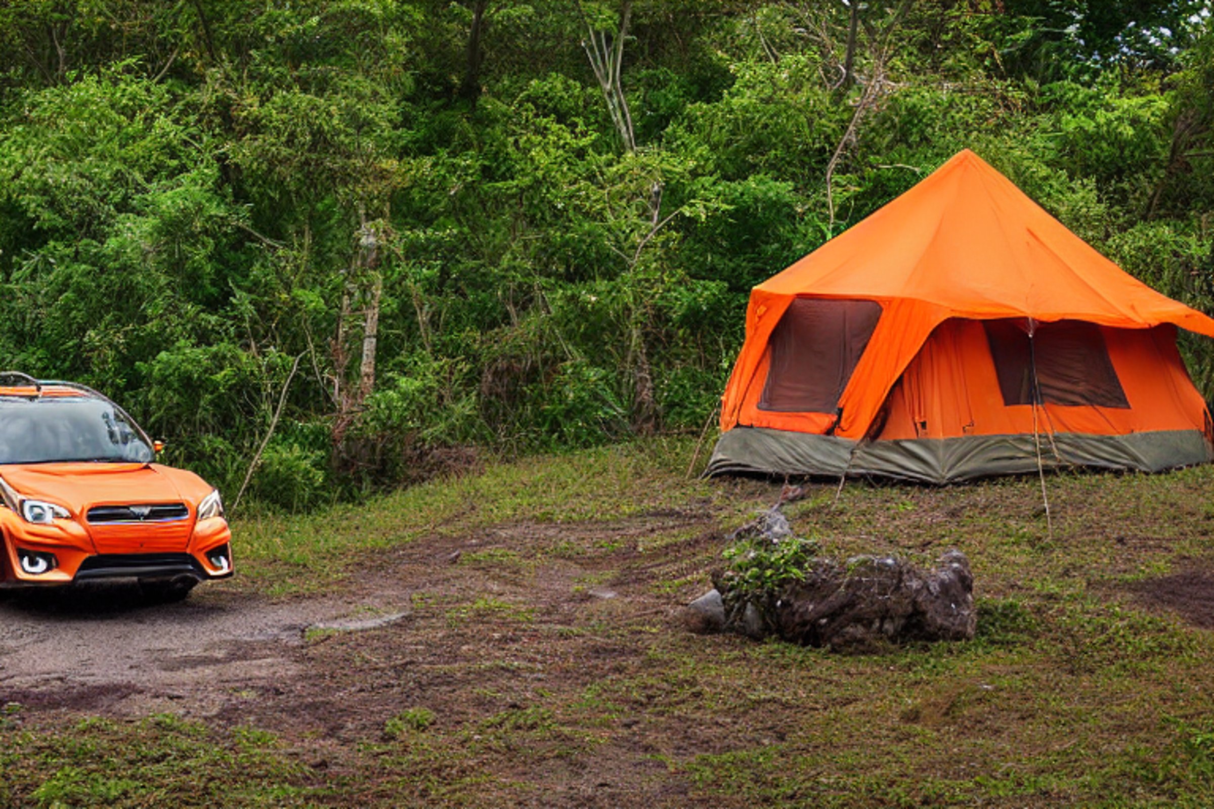 An orange Subaru with a rooftop tent rests at a peaceful campsite in Soufrière, St. Lucia. Tall grass, stone patches, and large trees surround the dirt clearing as hikers enjoy the foggy sunset.