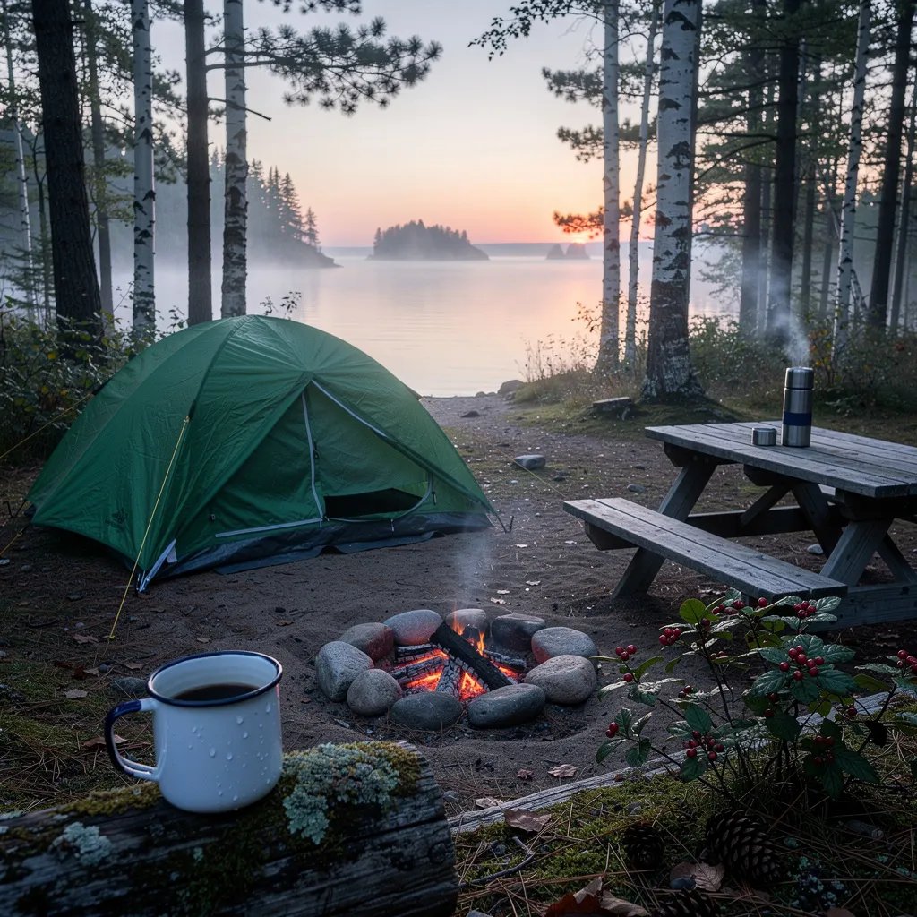 A green tent sits in a quiet clearing by the calm waters of Lake Superior. Soft dawn light and a thin mist make the pine and birch trees feel peaceful and still. A small fire ring glows with warm embers near a mossy log and an enamel mug. A weathered picnic table holds a thermos of coffee, and a berry bush nearby is full of ripe fruit.