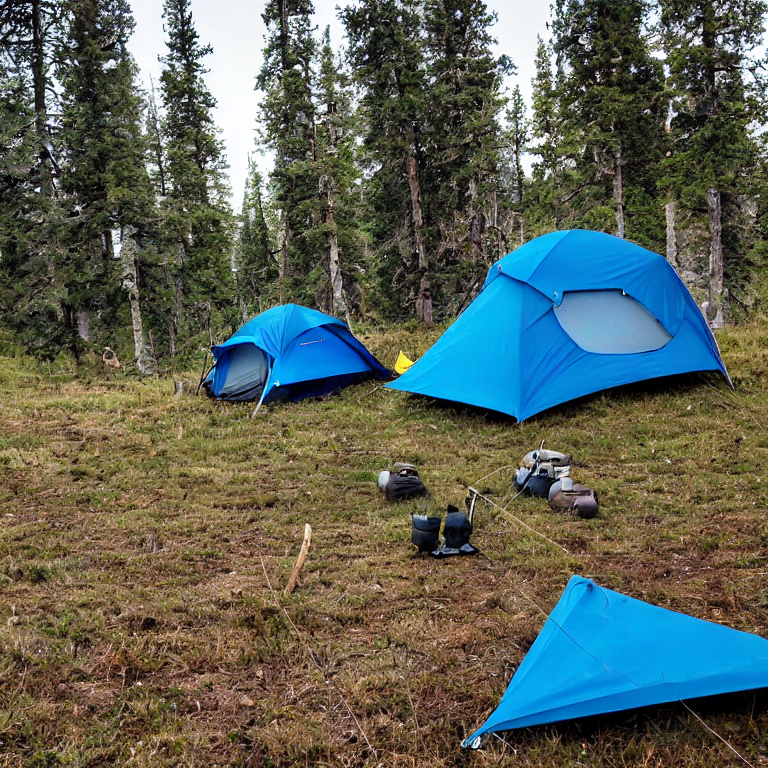 A blue tent rests on a rainy campsite in the Colorado woods. Hikers pass nearby while a deer stands in the distance. A small lantern and twig sit beside the dirt patch under the cloudy sky.