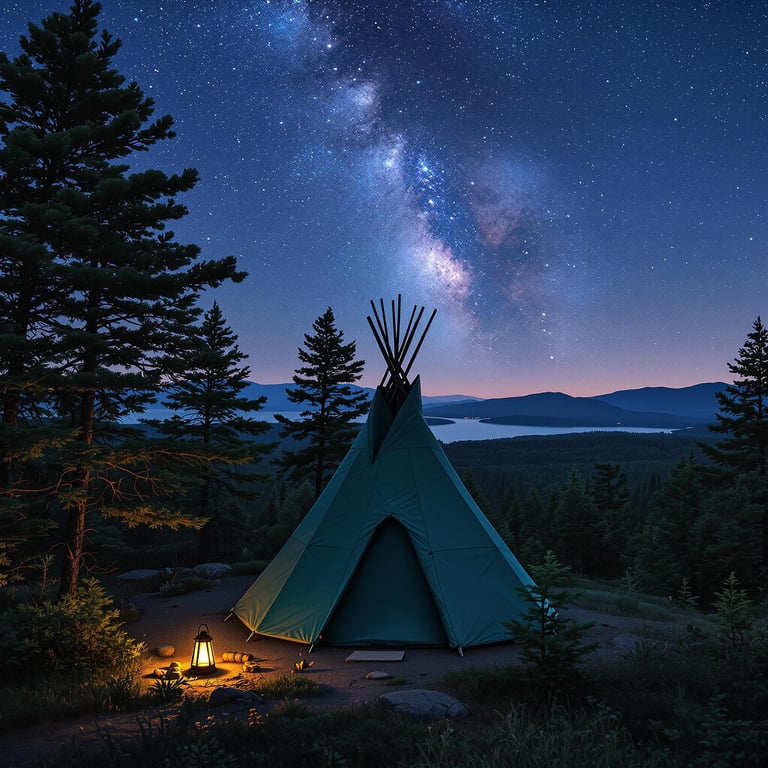 A cozy tent sits among tall pine trees under a starry sky. The camp glows with a warm lantern, and you can see a peaceful lake in the distance. The air feels calm and magical at night.
