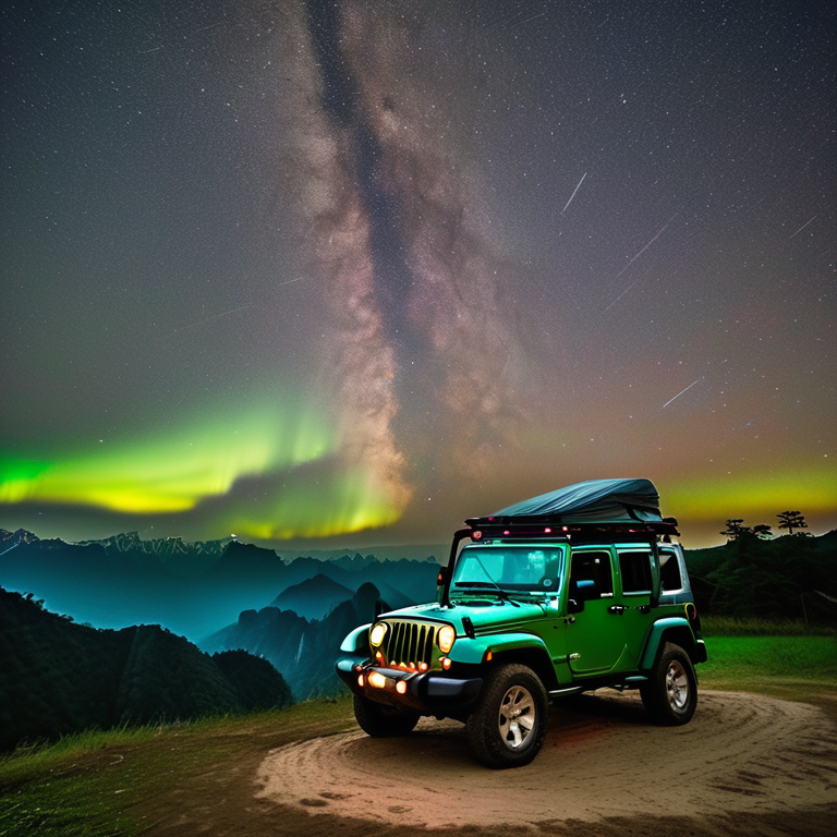 A green Jeep with a rooftop tent rests beside a quiet dirt path in Zhangjiajie. A warm campfire glows as hikers gather nearby, while bright northern lights ripple above the dark mountains.