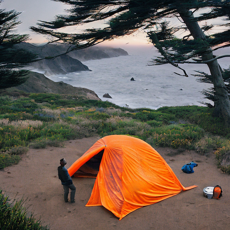 An orange tent glows beside a warm campfire on a dirt clearing in Big Sur. Wildflowers dot the ground, while stormy skies gather above the dark hills. A distant hiker’s flashlight adds a small spark of light to the night.