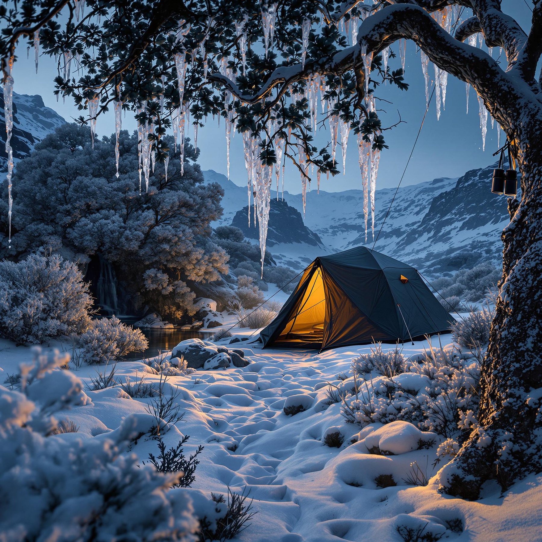 A dark gray tent rests among thick bushes on a stormy winter night in Santorini. A small waterfall flows nearby, while ice sparkles on the tree branches and binoculars hang above the camp.