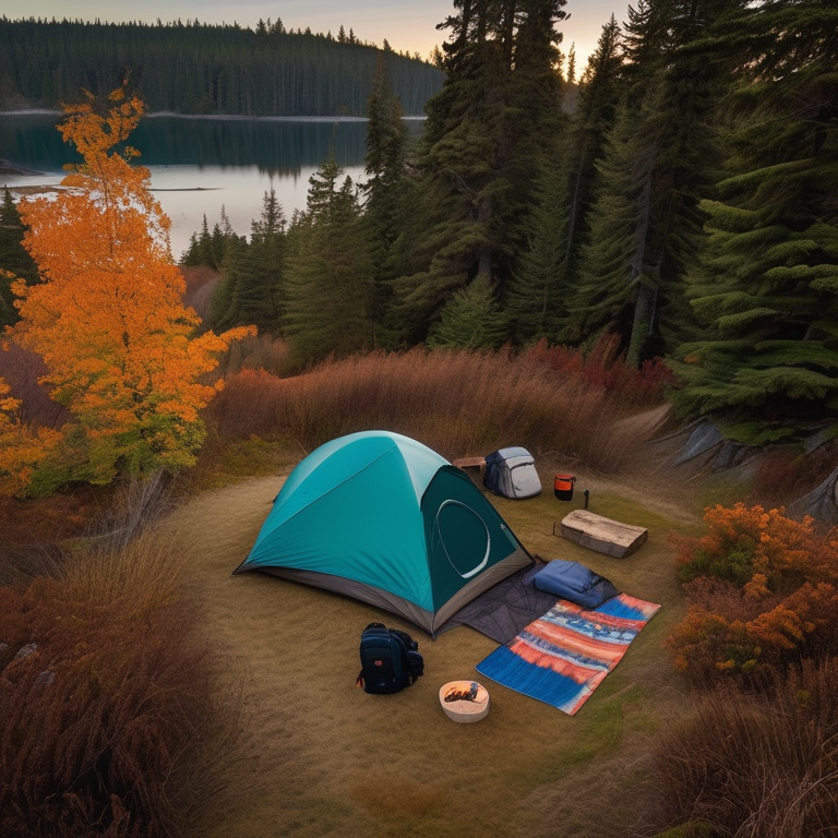 A teal tent rests beside a warm campfire on a quiet dirt clearing on Vancouver Island. Fall-colored trees glow in the sunset, while a backpack and camping gear sit nearby under a clear sky.