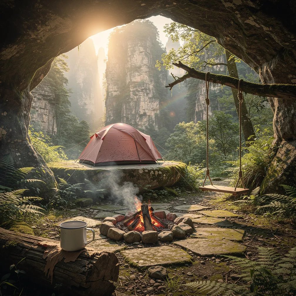A misty forest campsite sits on mossy stone beneath a weathered stone arch. A dusty-rose tent rests on flat rock, with a small campfire glowing nearby. An enamel mug waits on a rough log, and a quiet rope swing hangs from a strong tree branch in the warm golden light.