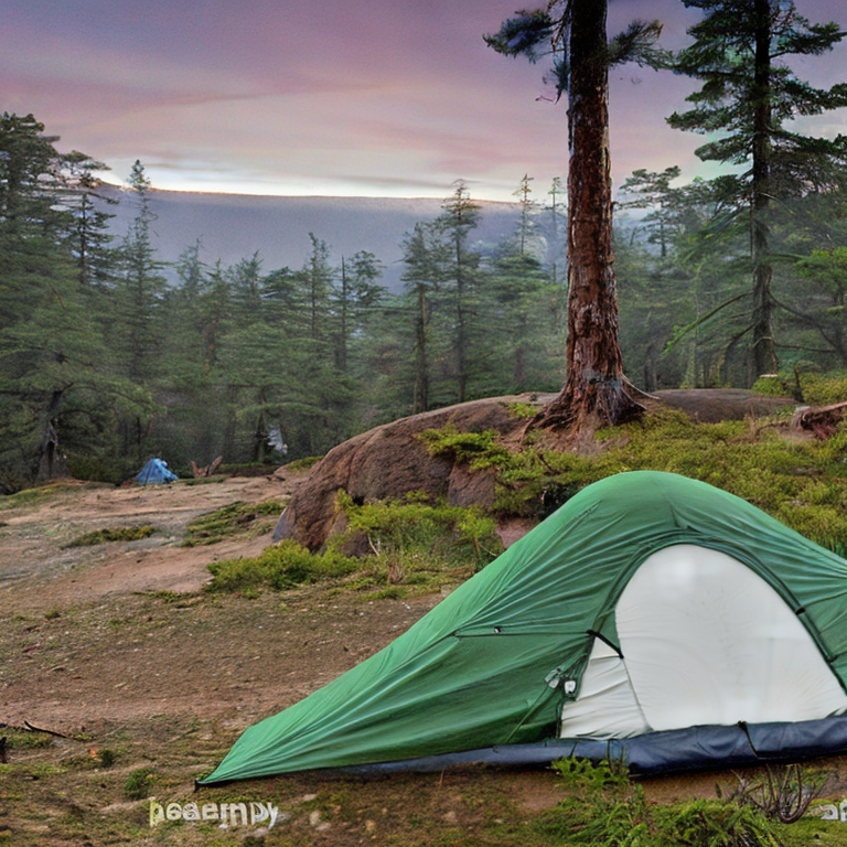 A forest-green tent rests on a paved campsite beside a steaming hot spring. Fog drifts through the rough, rocky ground as dusk settles over the trees. A large rock adds a rugged touch to the peaceful scene.