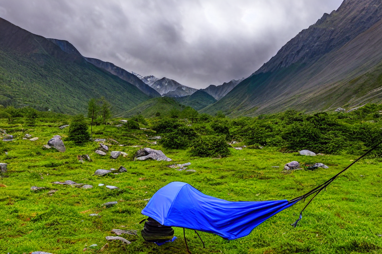 A blue tent rests on a quiet dirt patch in a mountain valley, surrounded by boulders and green trees. A hammock hangs nearby, with a backpack on the ground. Golden light shines beneath the stormy sky, while tall mountains rise in the distance.
