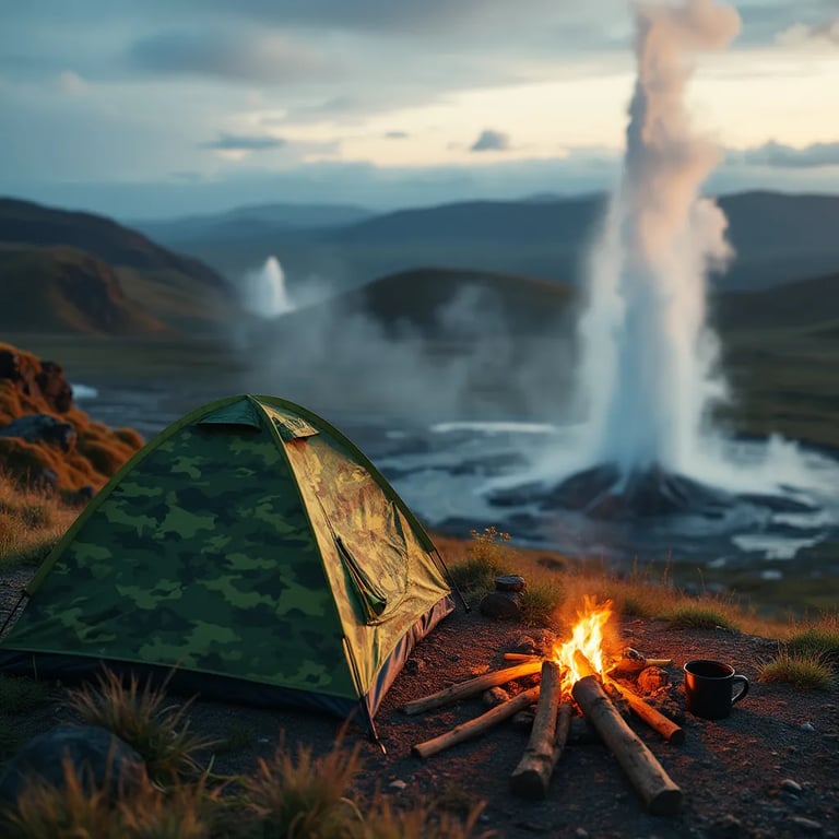 A green camo tent rests on a mountain as twilight settles over the misty hills. A warm campfire glows beside a log with a camping mug, while geysers rise in the distance.