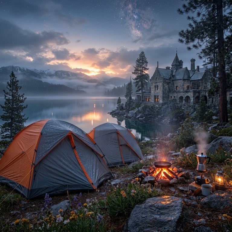 Two cozy tents rest among pine trees and bright alpine wildflowers beside old stone ruins. A warm campfire crackles near a steaming moka pot, while light sleet falls over the calm lake. Blue twilight settles on the hills as the first stars shimmer in the water.