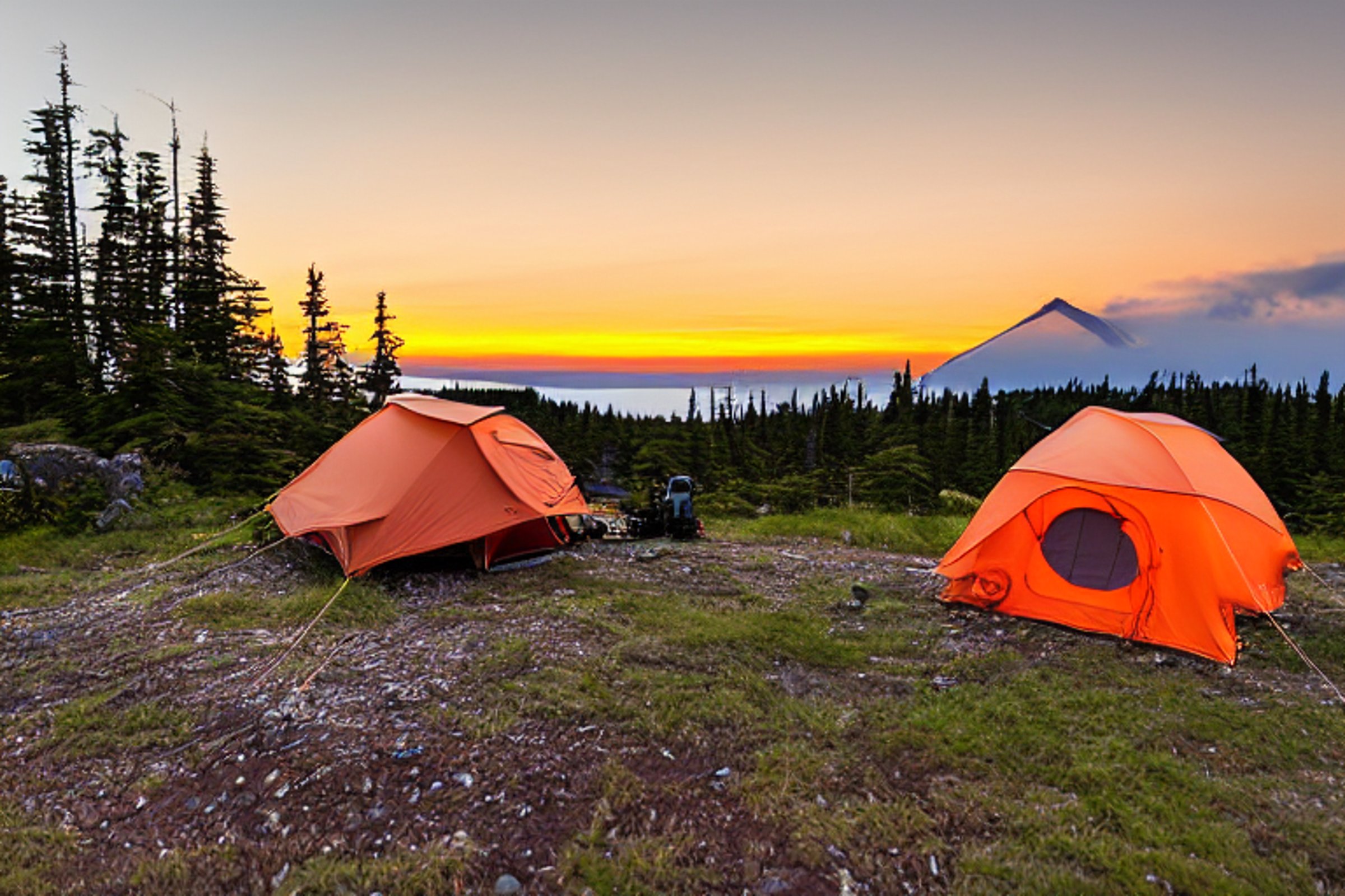 An orange Subaru sits beside a warm campfire on a quiet dirt patch. Its rooftop tent glows softly under a cloudy golden sky, with a mountain, large rock, and pale moon nearby.