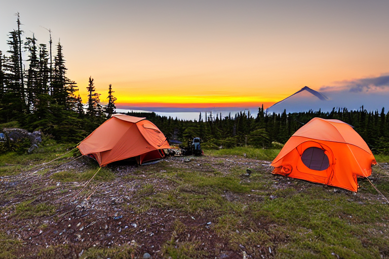An orange Subaru sits beside a warm campfire on a quiet dirt patch. Its rooftop tent glows softly under a cloudy golden sky, with a mountain, large rock, and pale moon nearby.