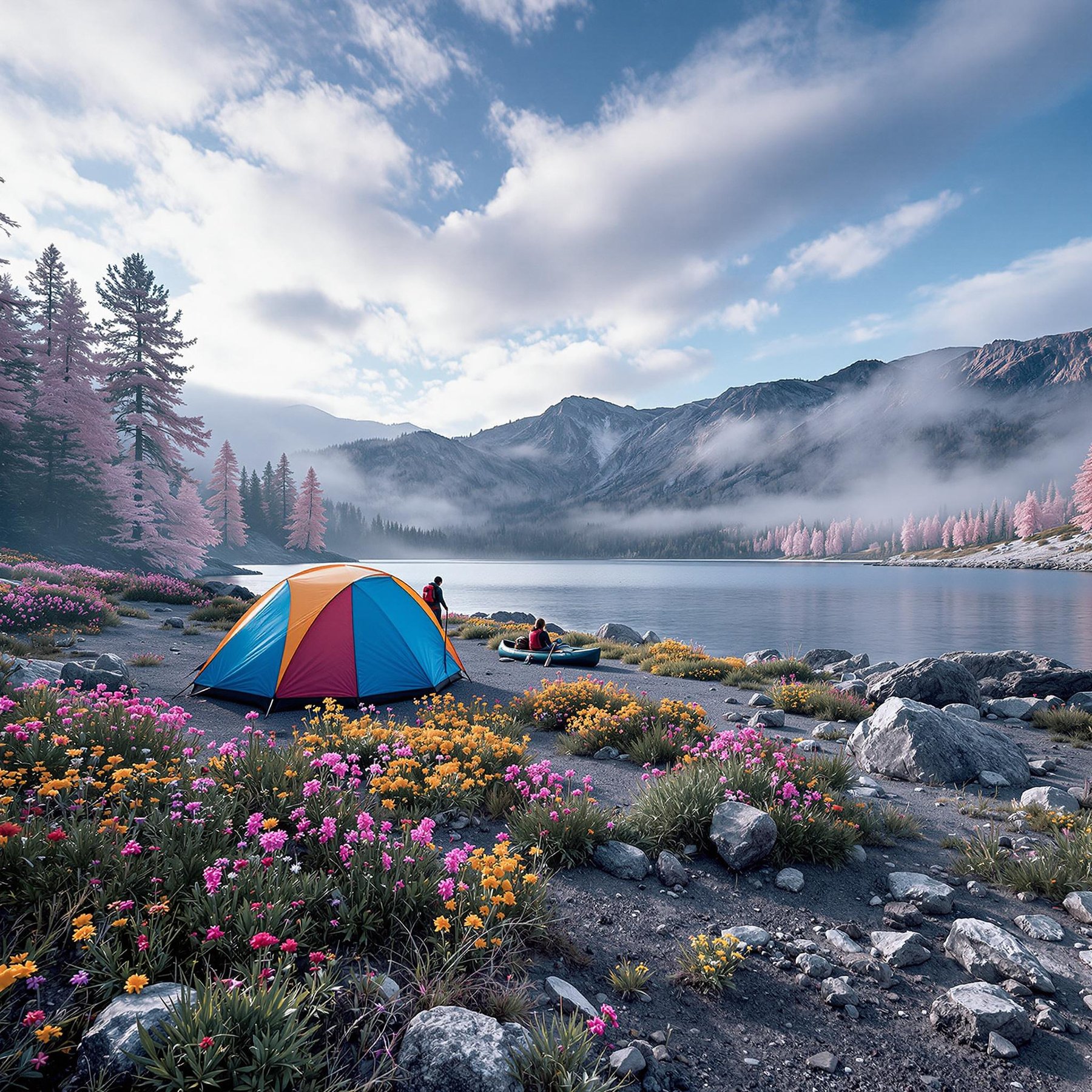 A bright, colorful tent rests among wildflowers and rocky ground along the shore of Lake Tahoe. Hikers explore the rough trail as soft fog rolls through the valley under a partly cloudy sky.
