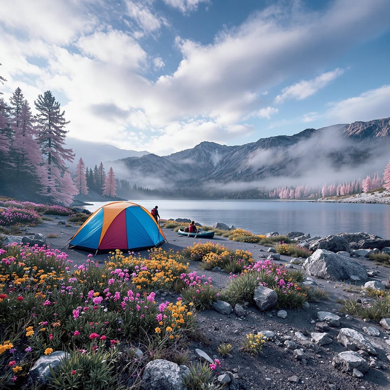 A bright, colorful tent rests among wildflowers and rocky ground along the shore of Lake Tahoe. Hikers explore the rough trail as soft fog rolls through the valley under a partly cloudy sky.