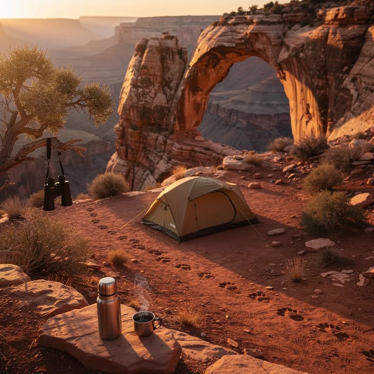 A quiet desert canyon glows in the warm sunset, with a weathered sandstone arch watching over the camp. A khaki tent sits on dusty ground, and animal tracks trail past it into the rocks. Binoculars hang from a small tree, and a shiny thermos of hot coffee rests on a stone.