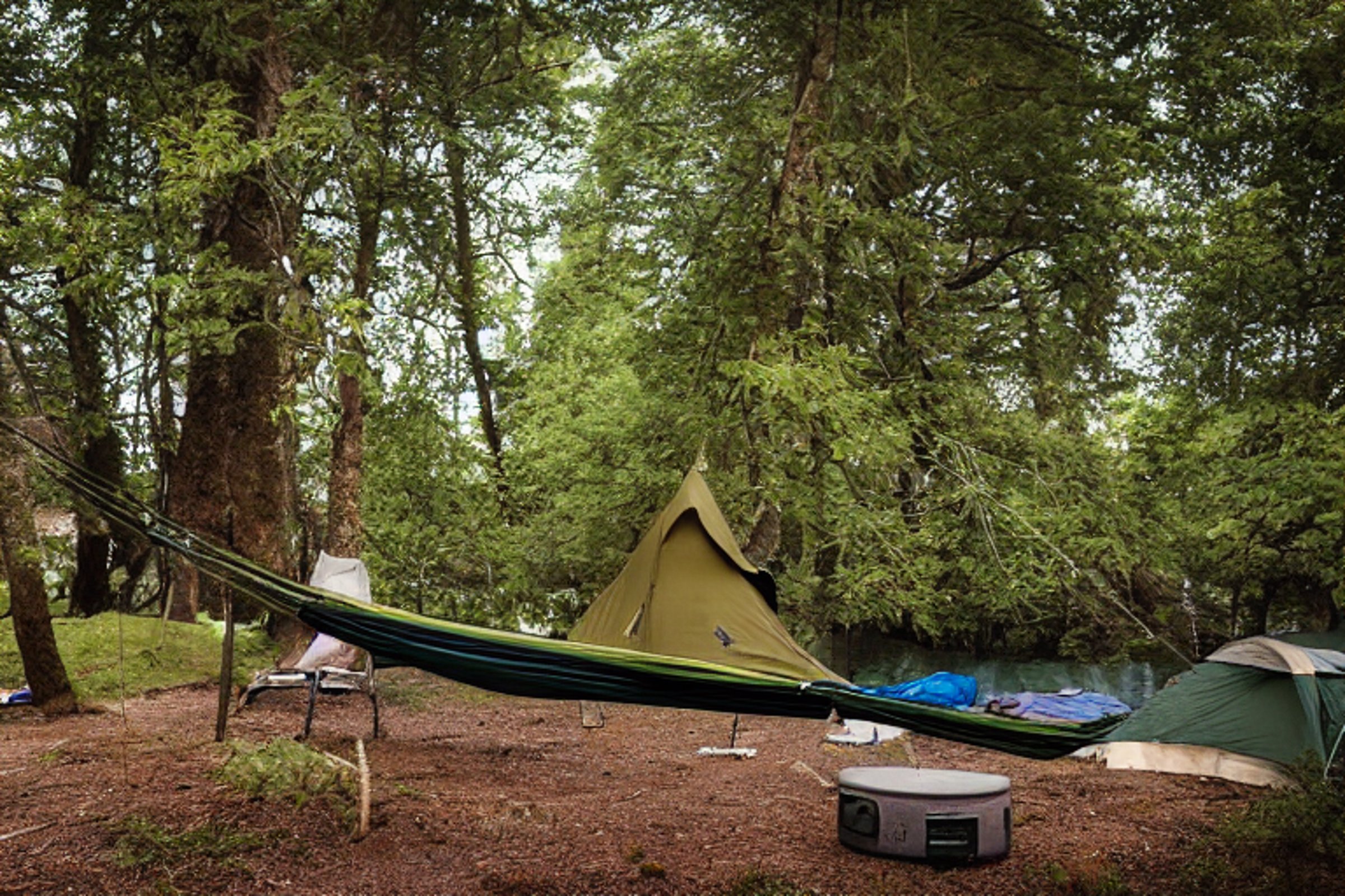 A green tent glows softly beside a warm campfire in a quiet forest clearing. A hammock hangs between the trees, with clothes drying nearby. Above, stars shine through the cloudy night sky.