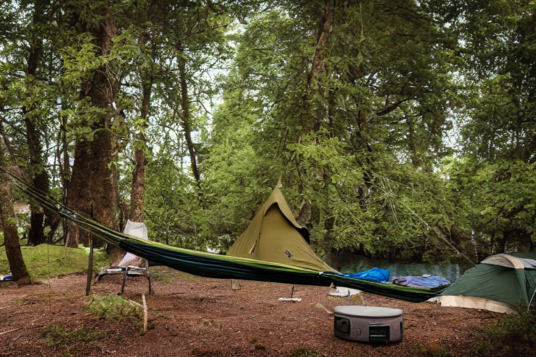 A green tent glows softly beside a warm campfire in a quiet forest clearing. A hammock hangs between the trees, with clothes drying nearby. Above, stars shine through the cloudy night sky.