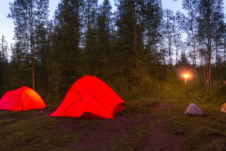 A bright red tent sits on a dirt patch at a peaceful campsite in Norway. A lantern glows nearby, while a deer stands in the distance beneath the clear sky.