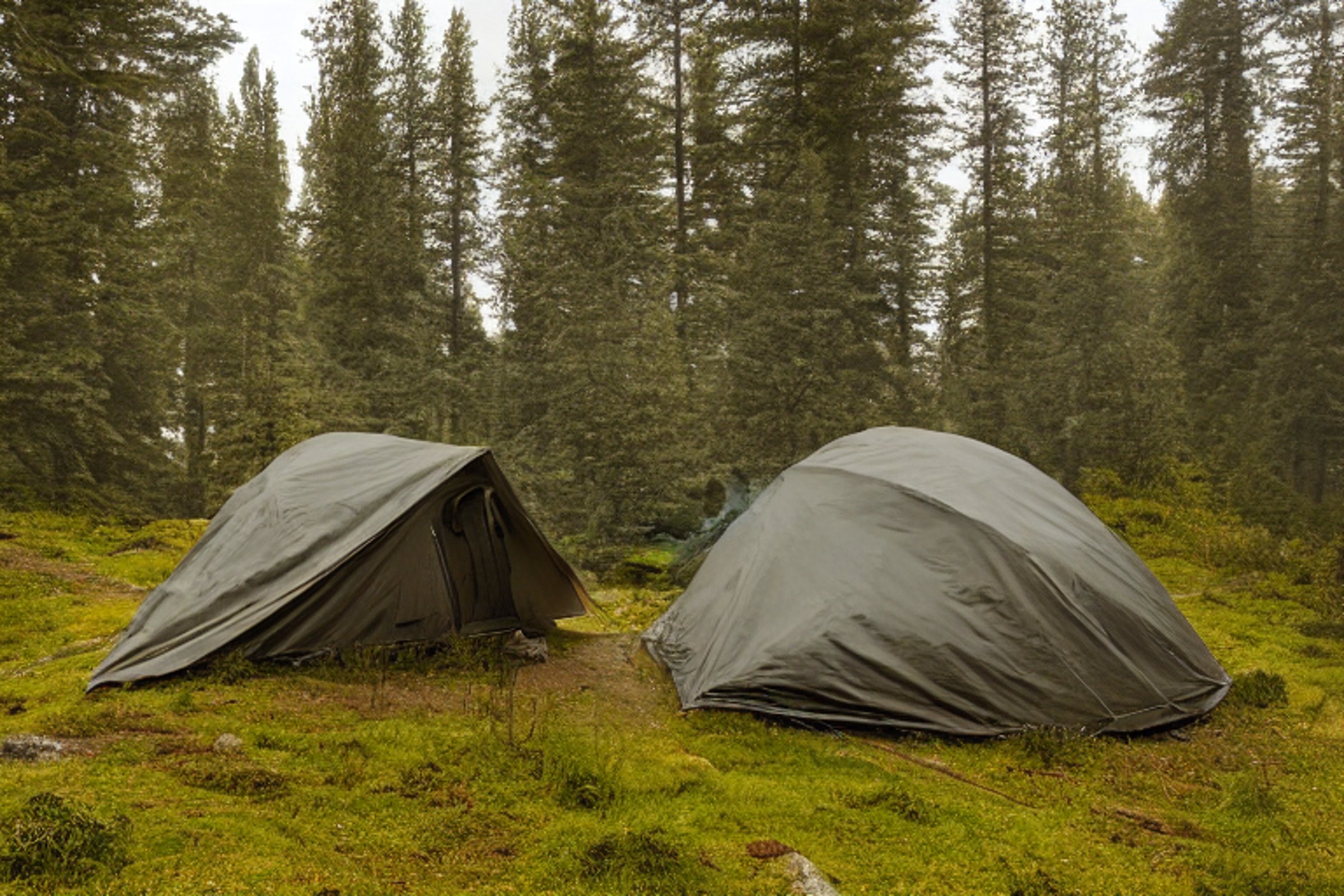 A cozy tent rests on a paved campsite in Norway as dusk settles in. Ferns and boulders surround the dirt clearing, while fog drifts through the trees. A deer stands in the distance near a person’s small flashlight.