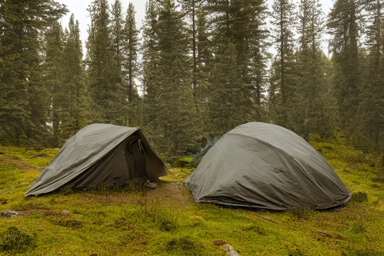 A cozy tent rests on a paved campsite in Norway as dusk settles in. Ferns and boulders surround the dirt clearing, while fog drifts through the trees. A deer stands in the distance near a person’s small flashlight.