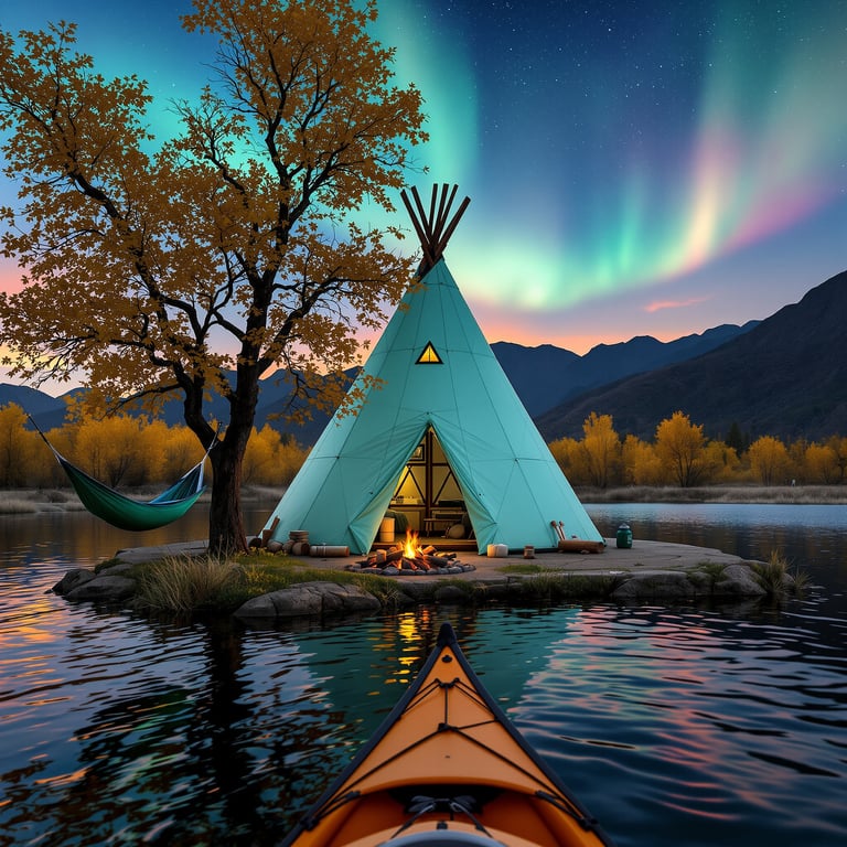 This campsite sits on a tiny island with a cozy teepee, a warm campfire, and a hammock by a leafy tree. The sky is lit up with colorful northern lights, and still water surrounds everything. It feels magical and peaceful, perfect for a quiet night under the stars.
