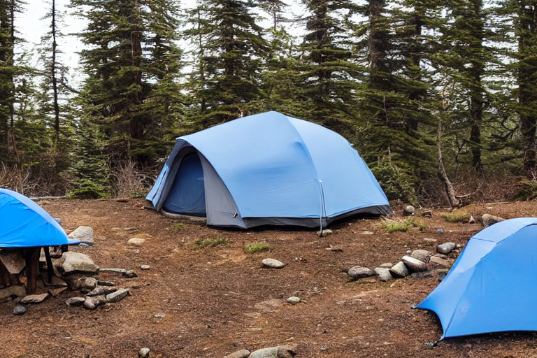 A blue and gray tent rests on a quiet mountain campsite beneath a sky full of stars. A warm campfire glows beside a picnic table, while fog drifts through the cool night air. Backpacks and logs sit nearby, ready for a night of adventure.