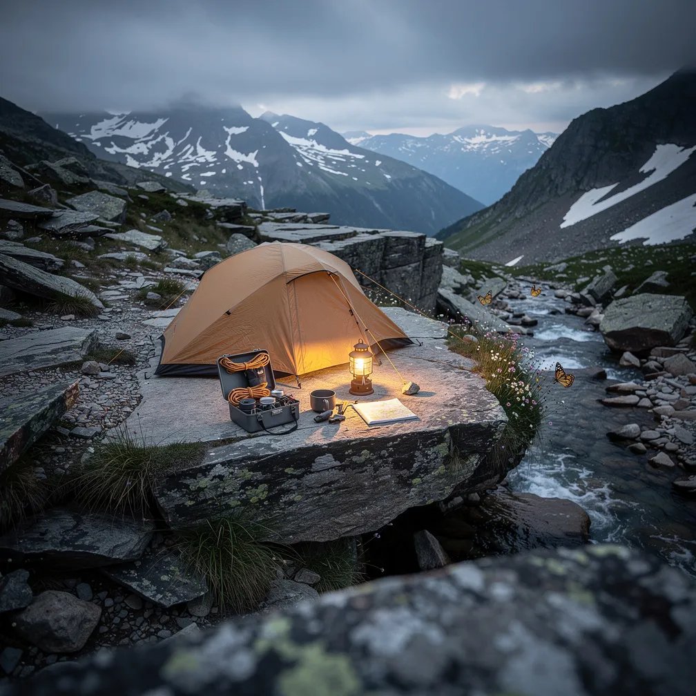 A quiet tan tent sits on a flat rock beside a skinny, singing creek. Cool blue twilight wraps the mountains, while a small lantern glows warm near the camp. Wet stone slabs shine, and tiny butterflies drift over wildflowers in the grass.