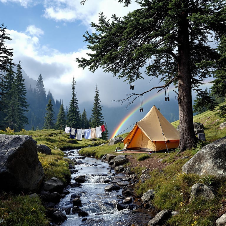 A cozy tent sits by a sparkling stream, surrounded by tall, green trees. A beautiful rainbow stretches across the sky, adding magic to the scene. Freshly washed clothes hang to dry, swaying gently in the breeze.