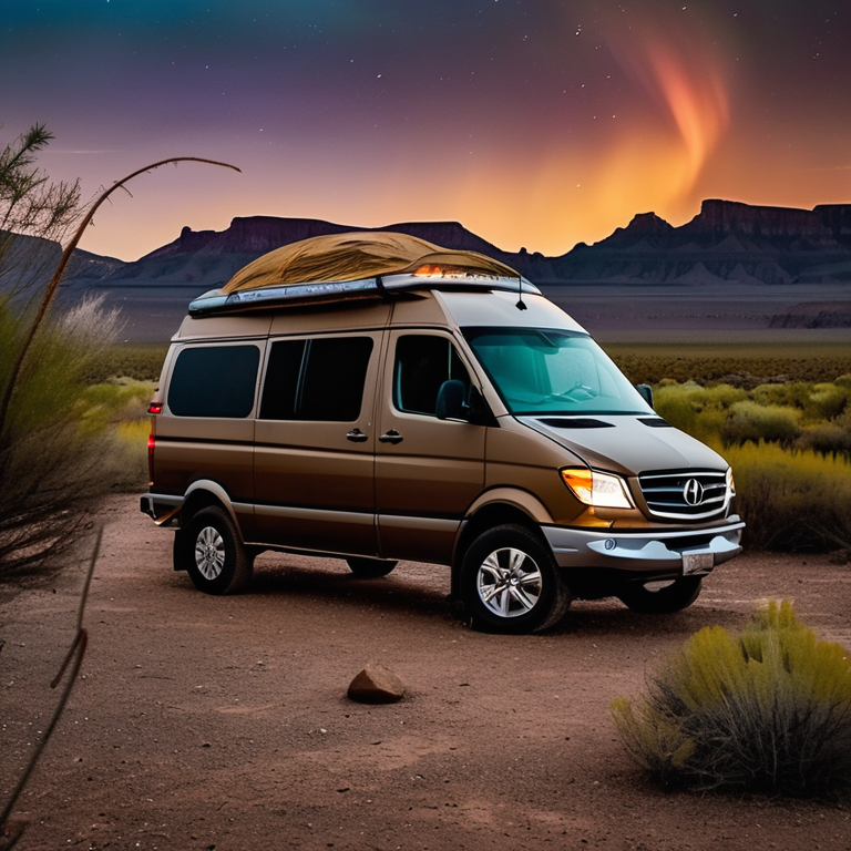 A brown camper van rests at a quiet campsite beneath glowing northern lights. Rainy grass, a backpack, and a small twig surround the dirt camp area, with dark mountains rising in the distance.