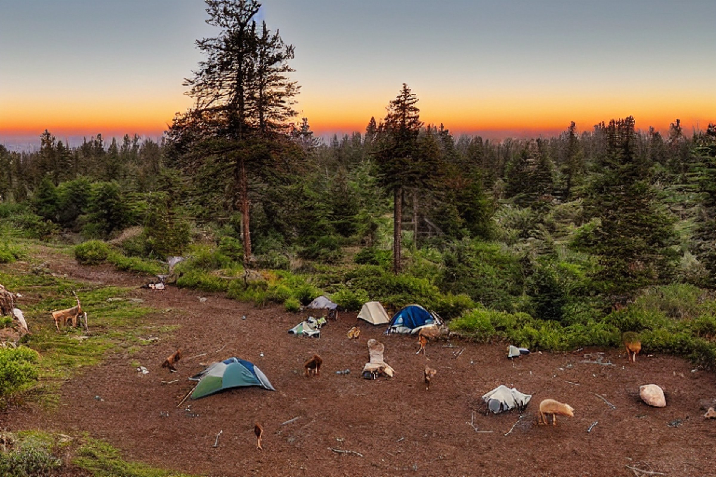 A brown tent rests on a rocky dirt campsite along the California coast. Warm sunset light fills the clear sky, while twigs and leaves cover the ground. Hikers and deer can be seen in the distance.