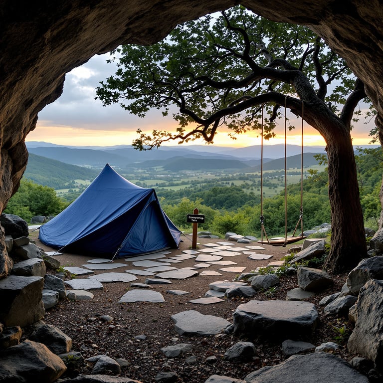 This cozy campsite sits at the edge of a cave, looking out over rolling green hills. A blue tent rests nearby, with a tree swing hanging from a big tree. The peaceful sunset makes it the perfect place to relax and enjoy nature.
