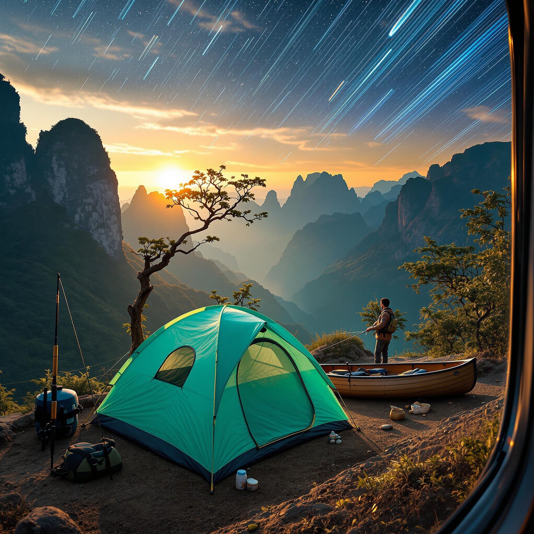 Camp high in the mountains under a sky filled with shooting stars. Enjoy the fresh air, tall cliffs, and a peaceful river nearby. It’s the perfect spot for adventure and wonder.