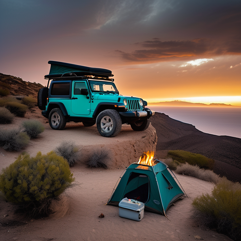 A teal Jeep with an open rooftop tent rests in a snowy campsite on Santorini. Hikers gather near a warm campfire in a dirt clearing, surrounded by bushes and small trees. Sunset colors fill the sky as camping gear sits nearby.