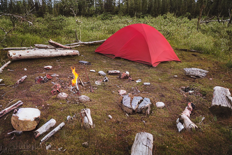 A red and white tent rests in a quiet petrified forest beneath glowing green northern lights. A small campfire warms the dirt campsite, surrounded by logs, stones, fallen leaves, and camping gear. Stormy clouds add a wild, cozy feeling to the night.