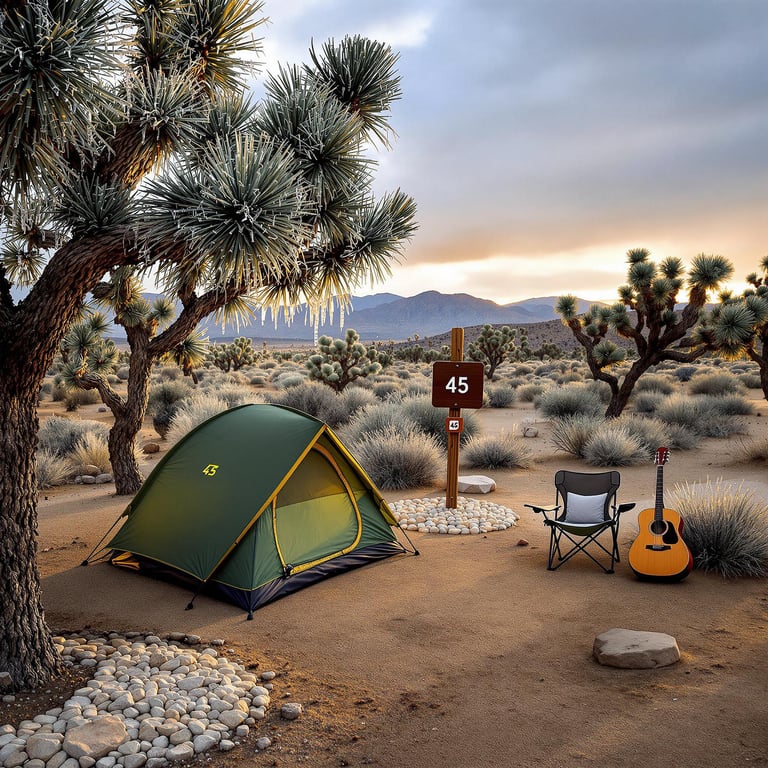 A forest-green tent rests among rocky patches in Joshua Tree National Park. A camp chair, wooden guitar, and sign marked “45” sit nearby, while sunset light glows beneath frosty branches.