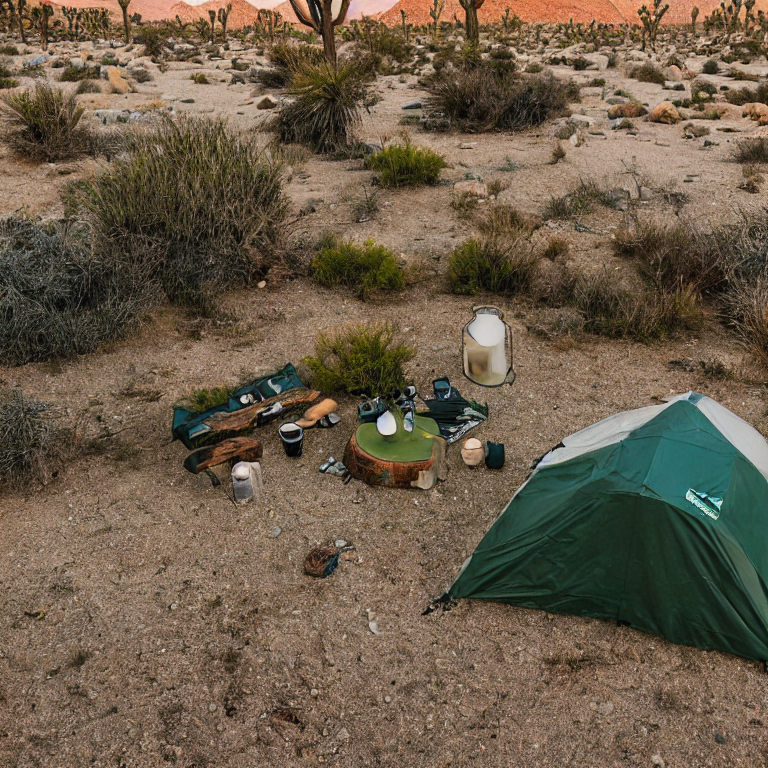 A green tent rests on a rocky dirt campsite in Joshua Tree as storm clouds gather overhead. A wooden guitar and glowing lantern sit nearby, while a large rock frames the peaceful desert scene.