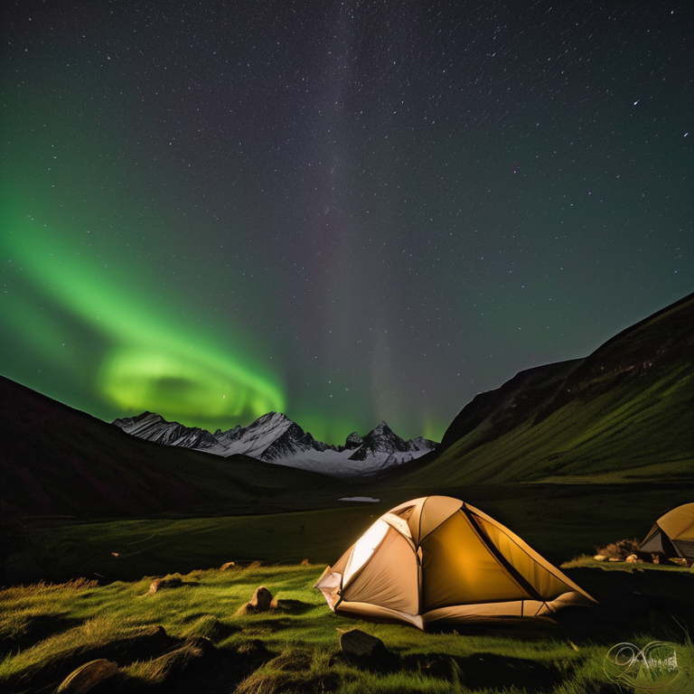 A green and tan tent rests beside a warm campfire in a grassy valley. Snowy hills and tall trees surround the campsite, while hikers enjoy the glowing northern lights above.
