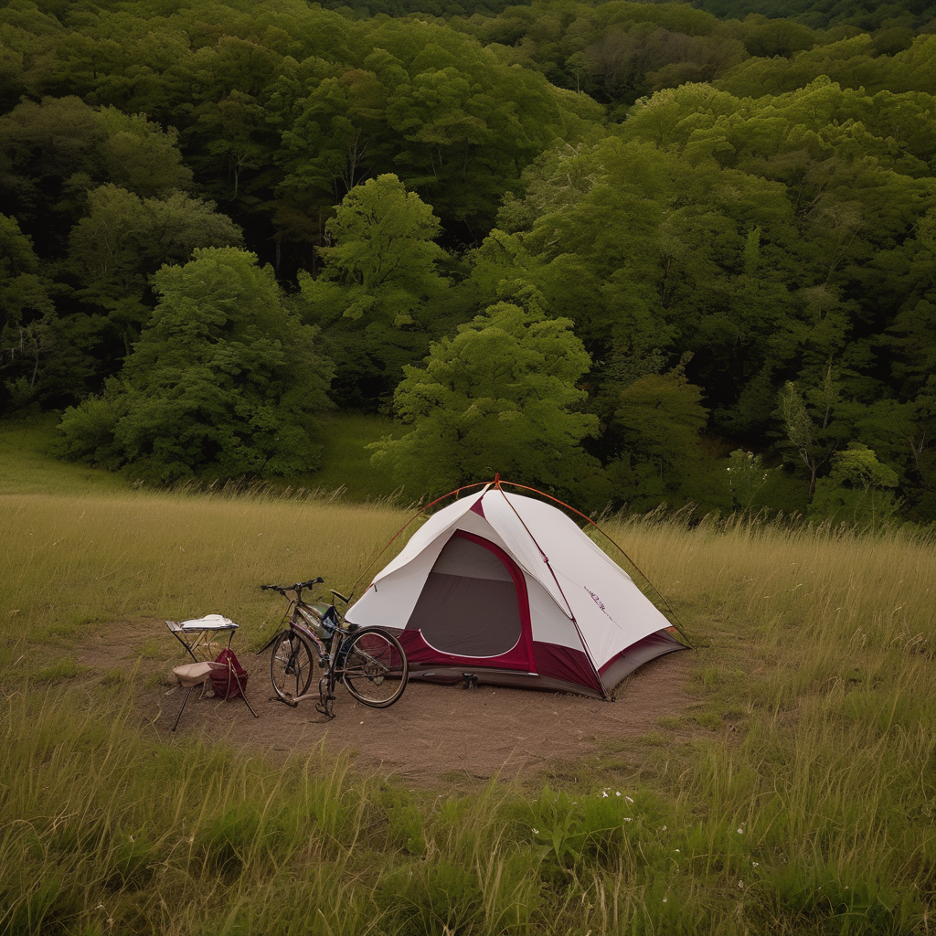 A burgundy tent rests on the dry, forest floor of Shenandoah National Park. A bicycle and camp chair sit nearby as the soft blue-hour light settles over the peaceful woods.