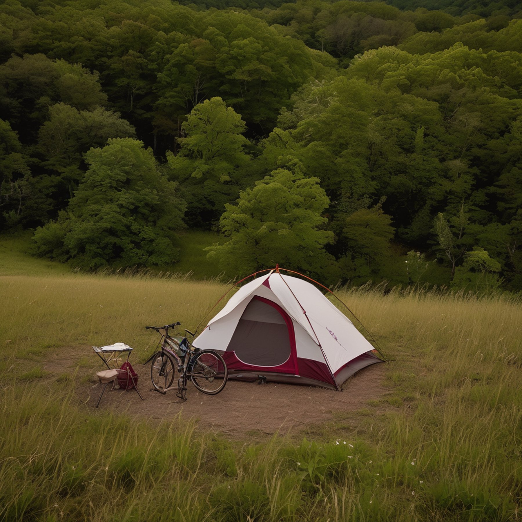 A burgundy tent rests on the dry, forest floor of Shenandoah National Park. A bicycle and camp chair sit nearby as the soft blue-hour light settles over the peaceful woods.