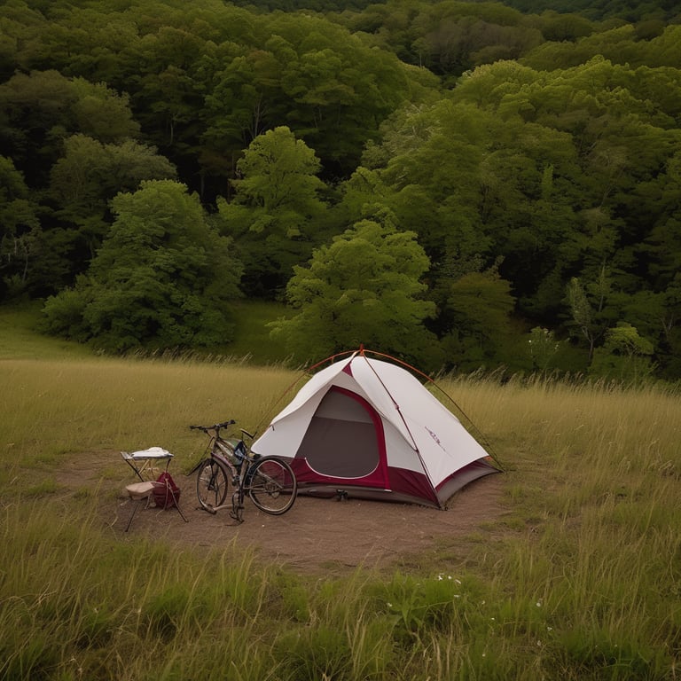 A burgundy tent rests on the dry, forest floor of Shenandoah National Park. A bicycle and camp chair sit nearby as the soft blue-hour light settles over the peaceful woods.