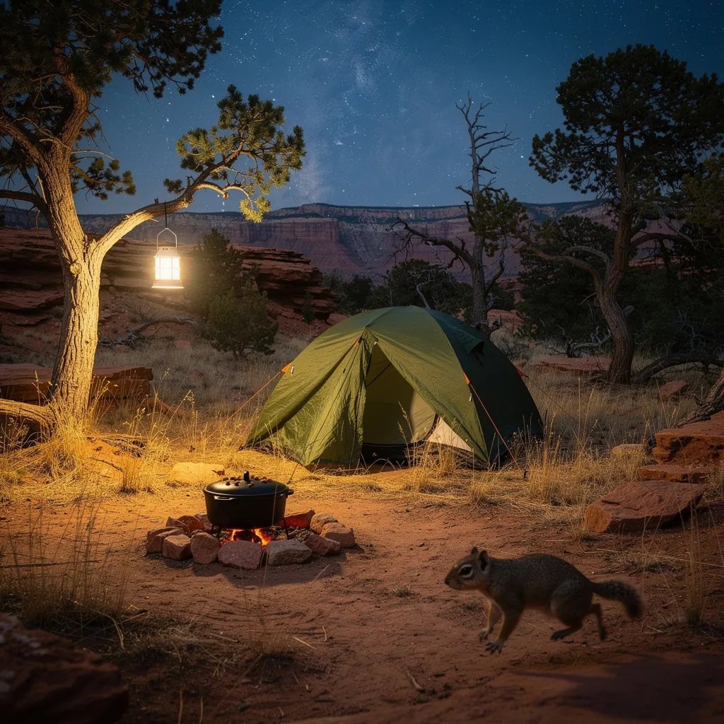 A quiet desert forest clearing sits under a sky packed with stars and a faint Milky Way. A forest-green tent rests in tall dry grass, lit by a warm lantern hanging from a low branch. Nearby, a Dutch oven sits on a small fire ring with glowing coals, and a ground squirrel darts across the campsite.