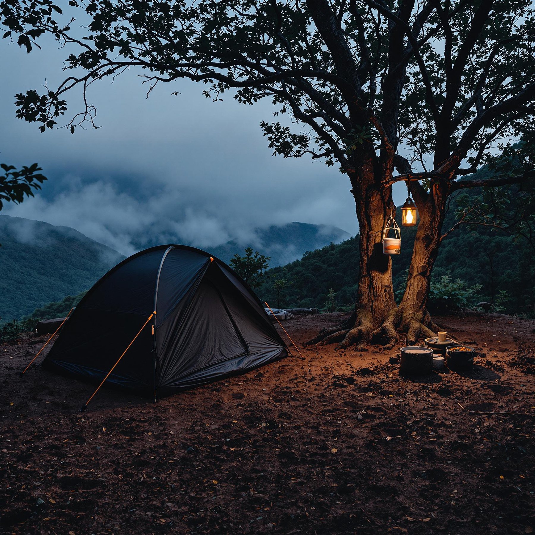 A cozy tent nestles under a big tree on a misty mountain, with glowing lanterns hanging above. The soft clouds wrap around the hills, creating a dreamy, quiet place. It's a perfect spot to enjoy nature and feel peaceful.