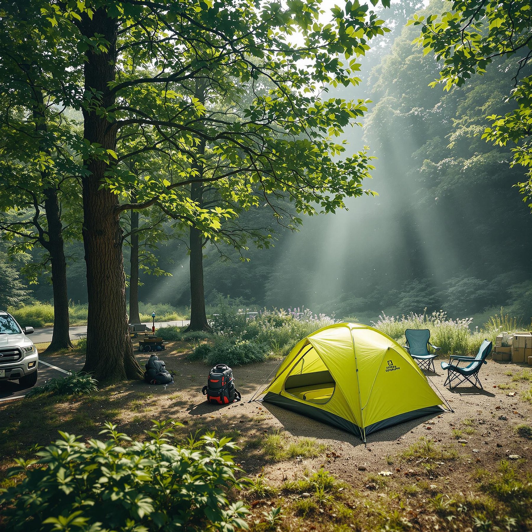 A bright lime green tent rests beneath tall trees in Smoky Mountain National Park. Camping chairs, a backpack, and a nearby parking spot create a cozy campsite. Rare wildflowers add soft color to the dusty midday air.