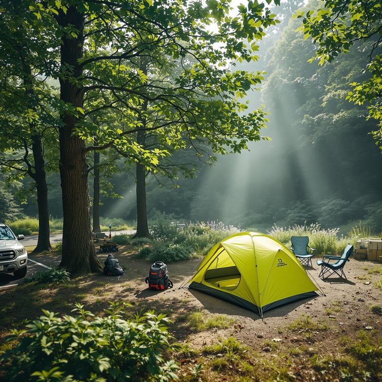 A bright lime green tent rests beneath tall trees in Smoky Mountain National Park. Camping chairs, a backpack, and a nearby parking spot create a cozy campsite. Rare wildflowers add soft color to the dusty midday air.