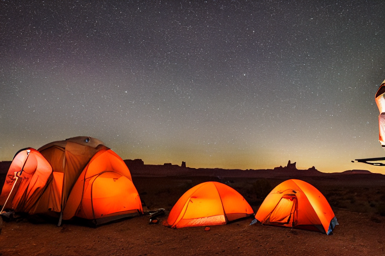 A gray and orange Subaru rests at a snowy campsite beneath a star-filled sky. Its rooftop tent is open, while a warm campfire glows beside the red rock shapes of Monument Valley. A small clothesline, camping gear, and a distant flashlight add life to the quiet night.