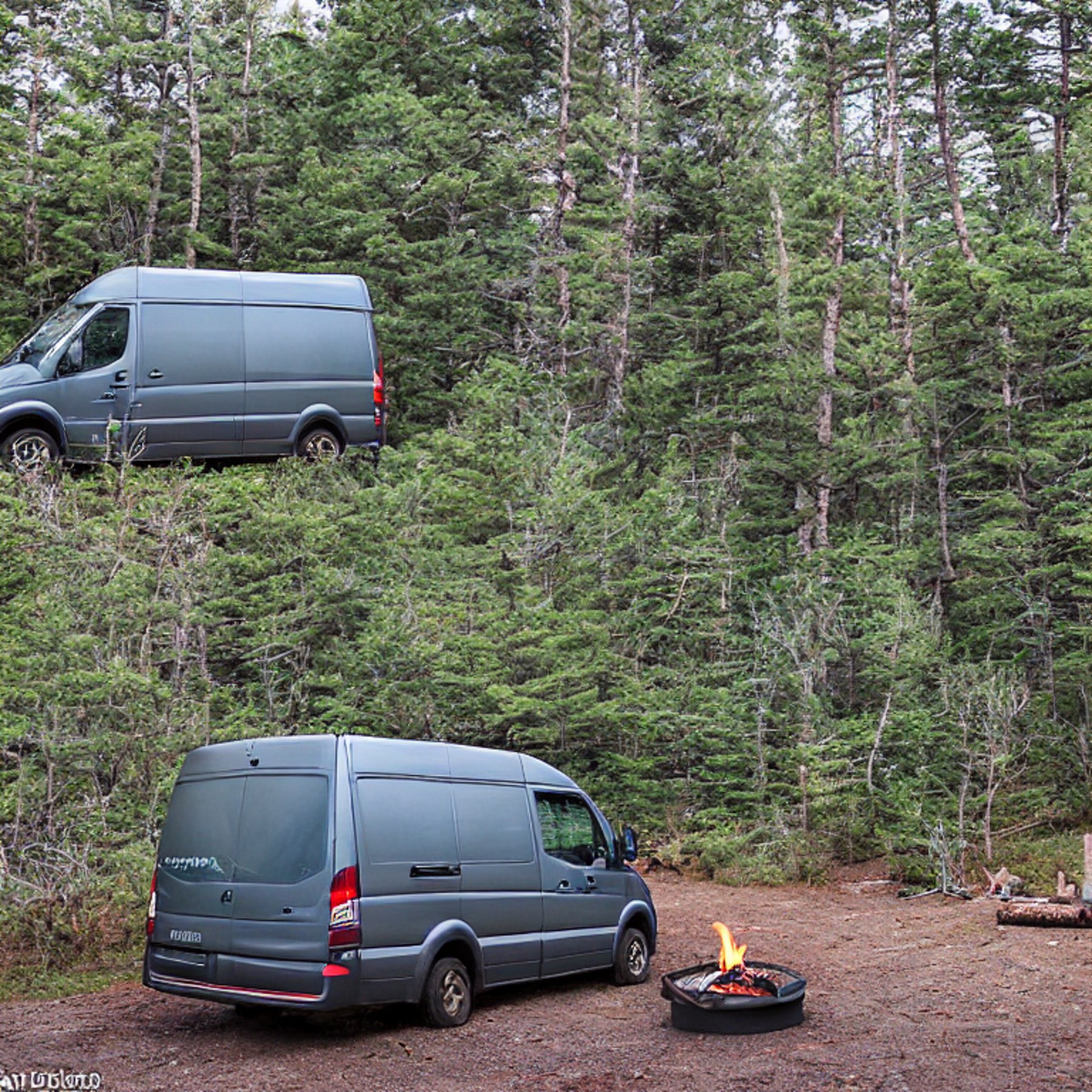 A gray and blue camper van rests in a grassy clearing at dusk. A warm campfire glows among a ring of stones, while a deer watches from the distance. Clear skies and the wild beauty of Acadia National Park complete the peaceful scene.