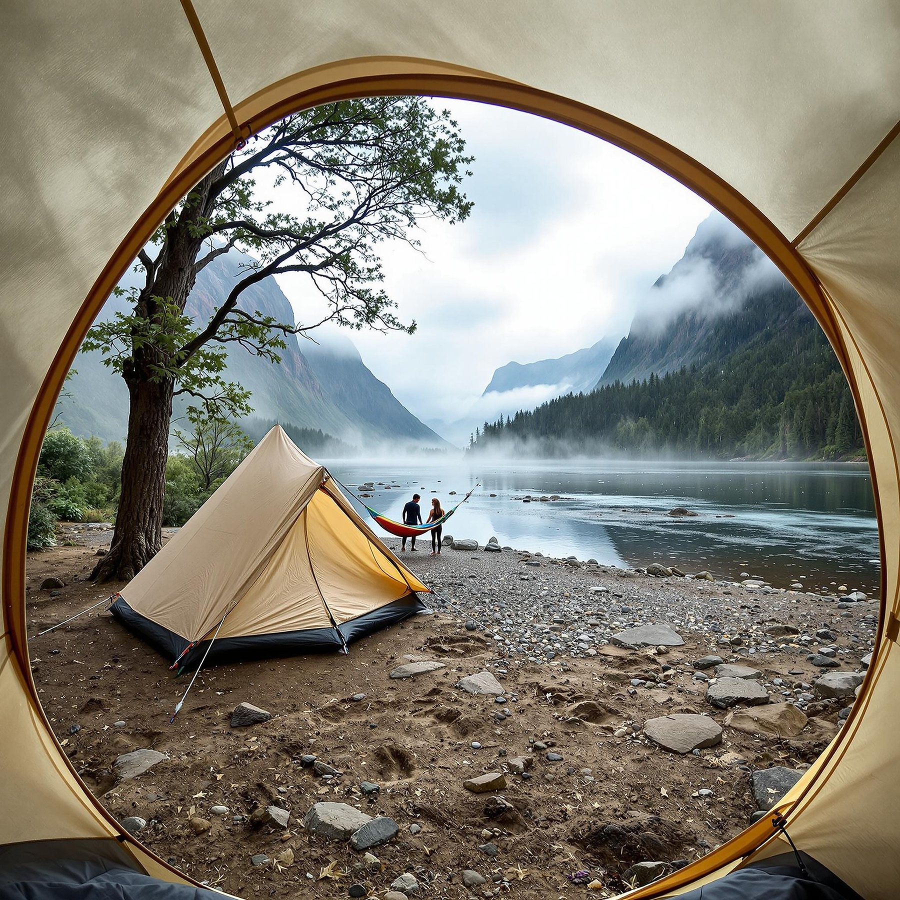 Wake up to misty mountains and a calm lake right outside your tent. Camp by the water’s edge, surrounded by tall trees and rocky shores. It’s the perfect spot for adventure and relaxing in nature.